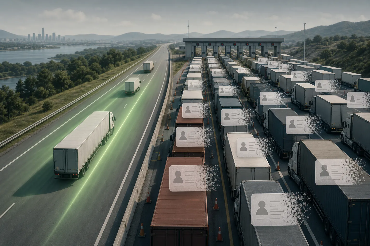 A divided highway where a small group of trucks continues while a larger line waits at a checkpoint with fading license documents