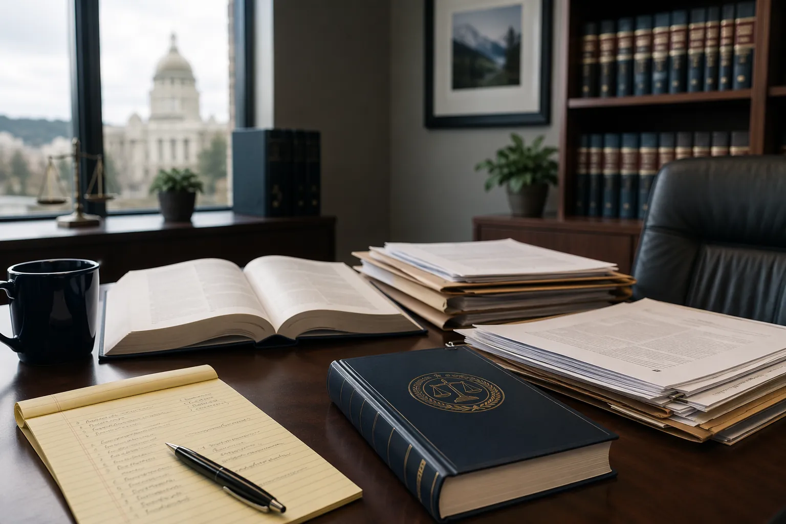 A prosecutor's desk with open Washington case files, a statute book, legal documents, and a notepad