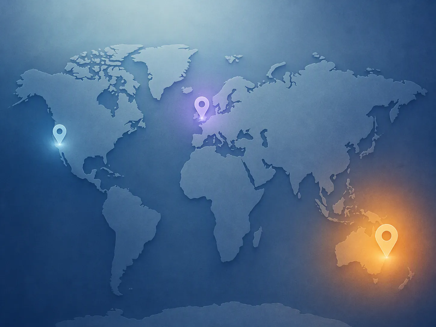 World map with highlighted legal-query locations on the U.S. West Coast, London, and Sydney