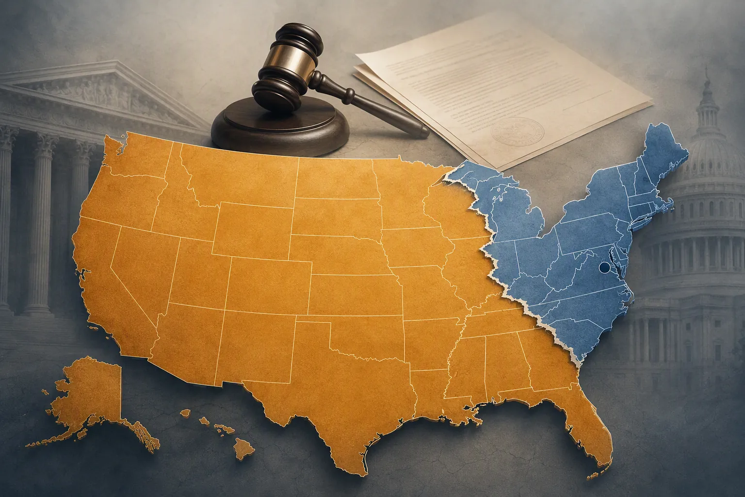 Map of the United States divided between the 1st Circuit injunction zone and remaining states