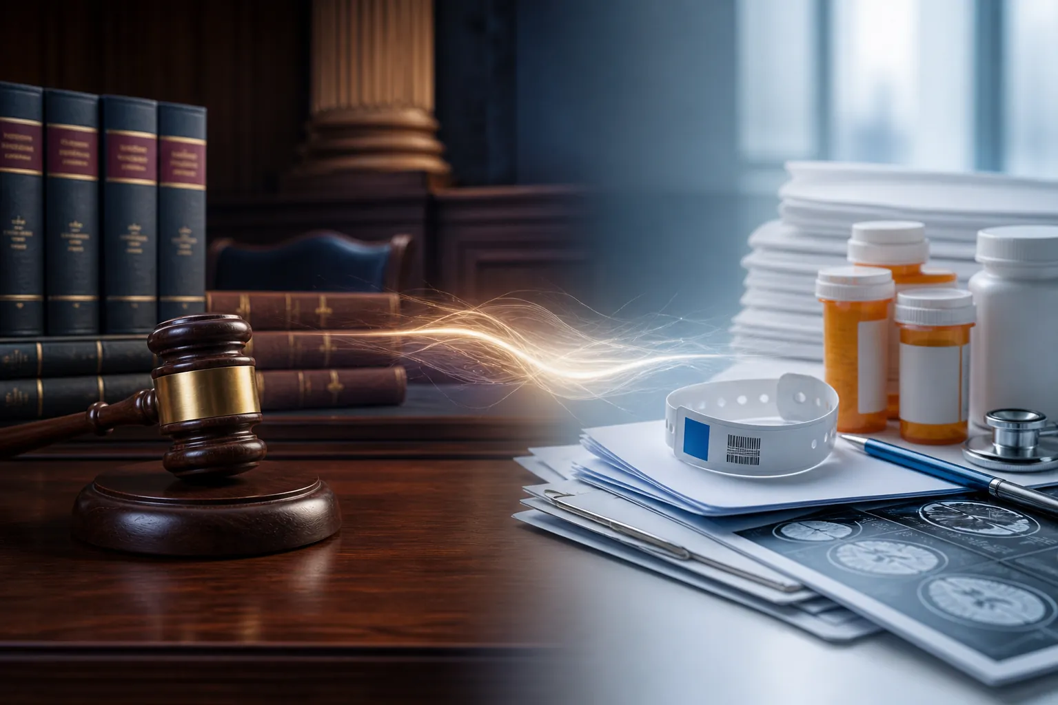 Courtroom bench beside psychiatric treatment documents and prescription bottles