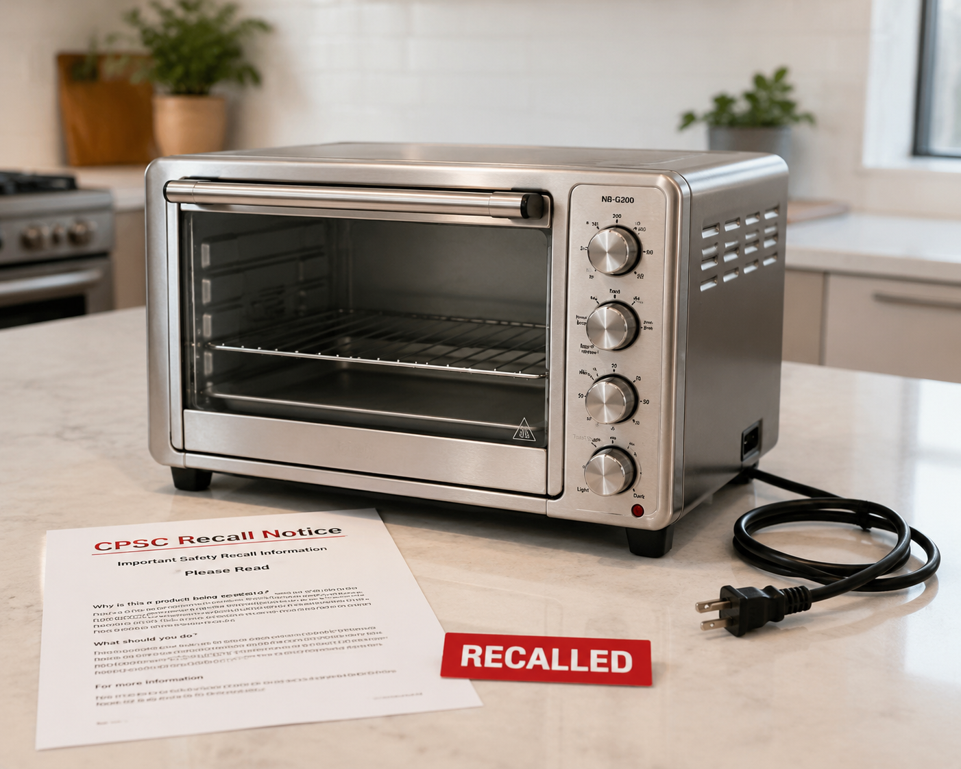 Panasonic NB-G200 toaster oven unplugged beside a recall notice and recalled label