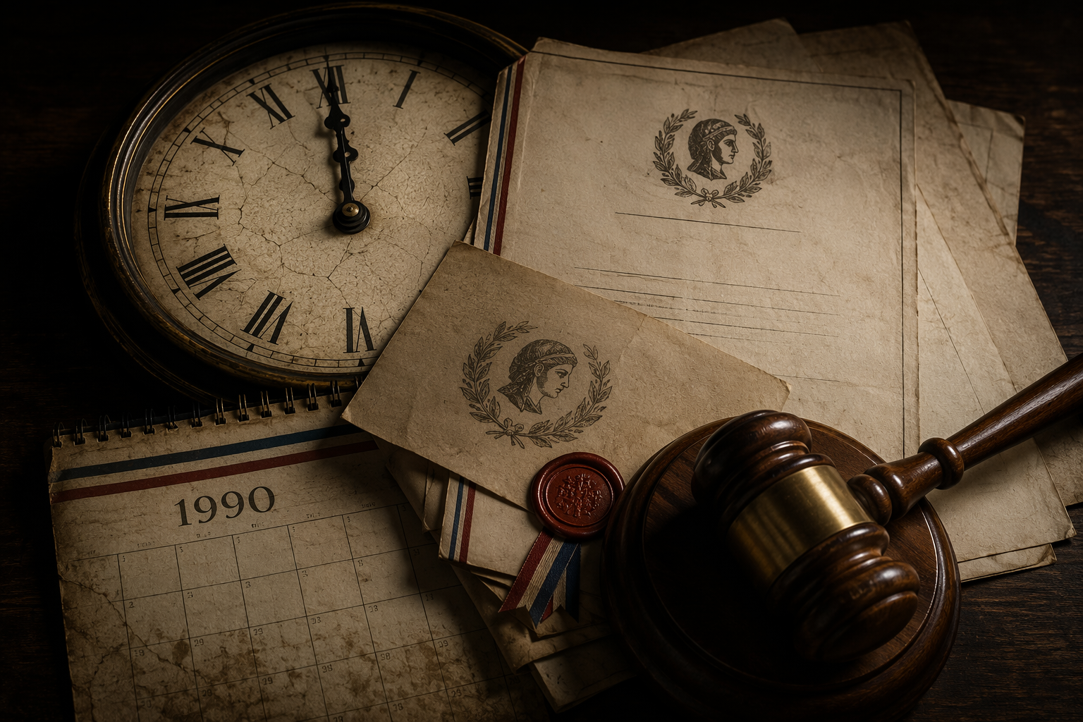 Vintage clock face partly covered by French legal documents and a 1990 calendar page