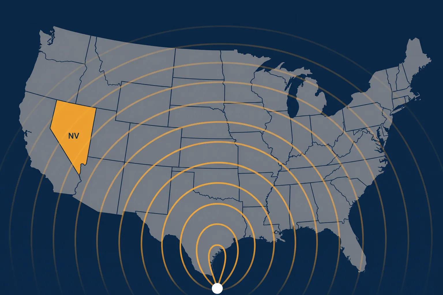 Nevada highlighted on a U.S. map with national broadcast waves