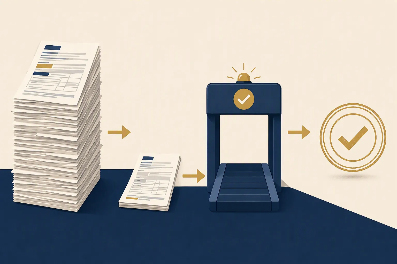 Thick paperwork stack and slim form feeding into an approval checkpoint to contrast Form 1023 and Form 1023-EZ