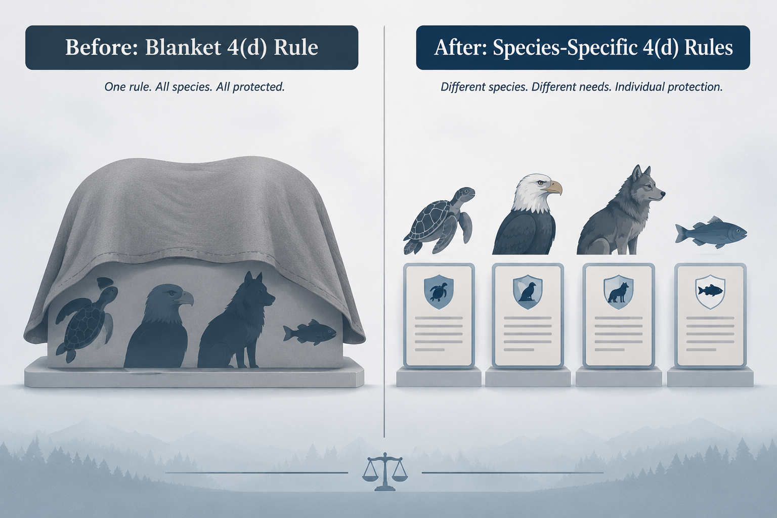 Comparison of blanket 4(d) protections before the rule change and species-specific 4(d) rules after the change