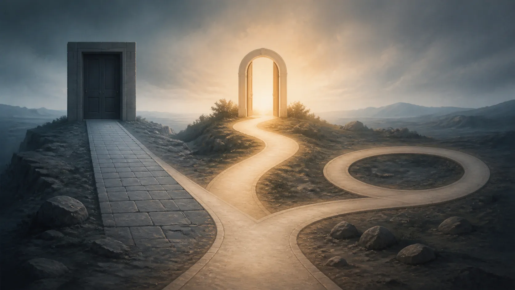 A single road splitting into three paths ending at a closed door, an open archway, and a loop
