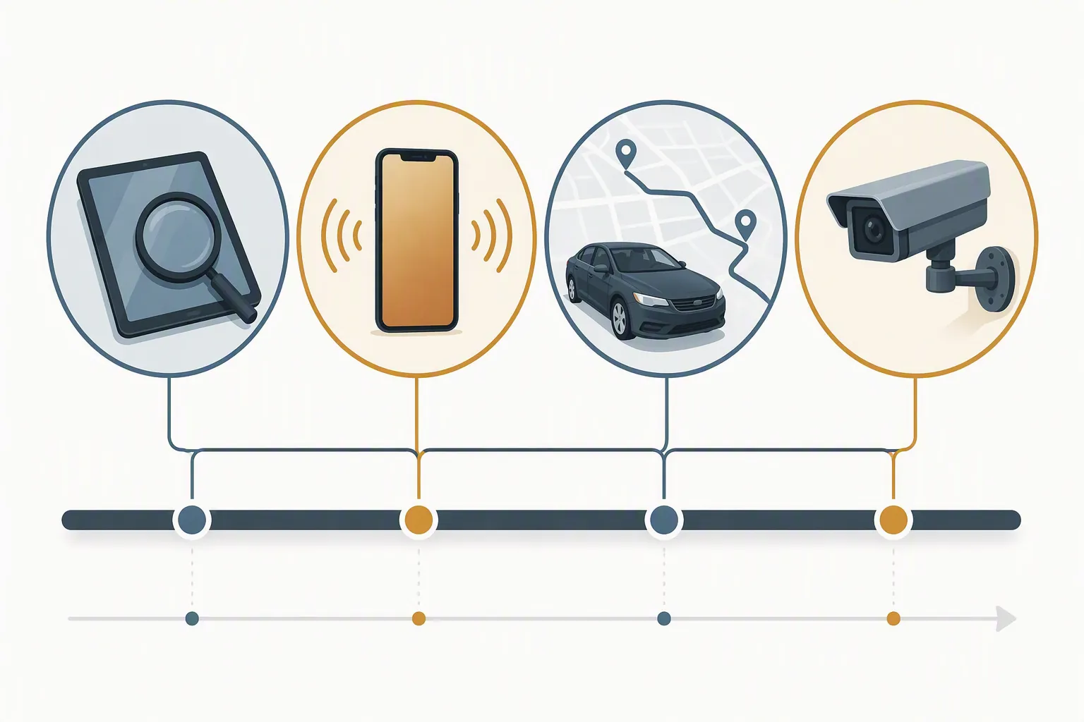 Infographic-style illustration of tablet, smartphone, vehicle route, and CCTV evidence sources connected to an event timeline