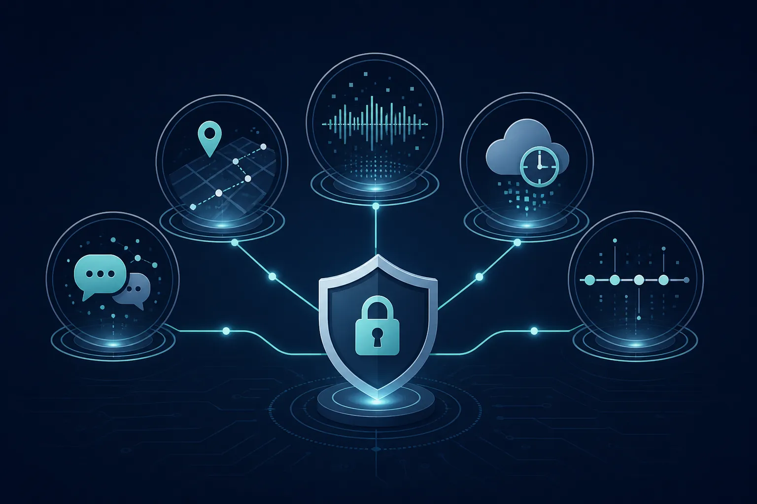 Conceptual illustration of messaging, location, cloud, timeline, and metadata nodes connected to a preservation shield