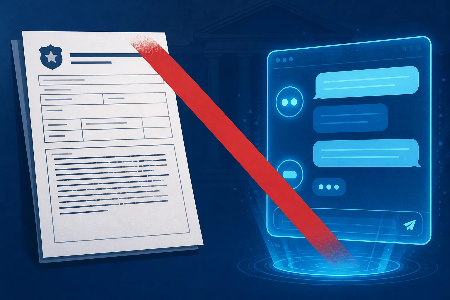 Police incident report facing an AI chat interface with a red rejection bar between them