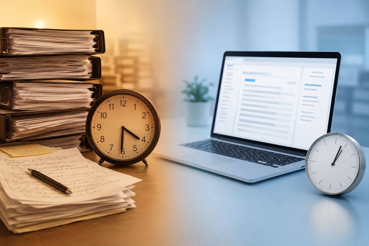 Side-by-side comparison of traditional deposition binders taking 4-6 hours and AI-assisted transcript analysis taking under 60 minutes
