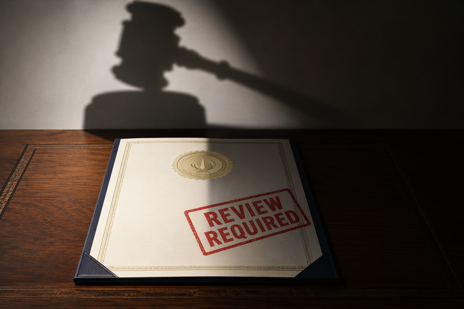 Diplomatic document marked review required under the shadow of a congressional gavel