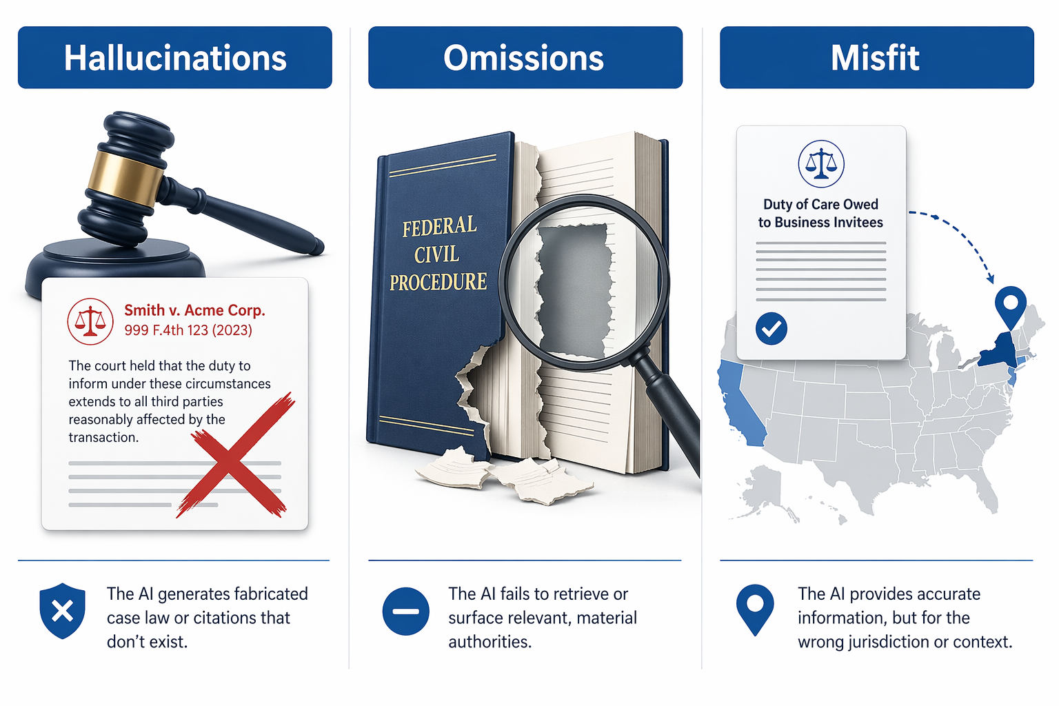 Three AI legal research failure types: hallucinations, omissions, and misfit authorities