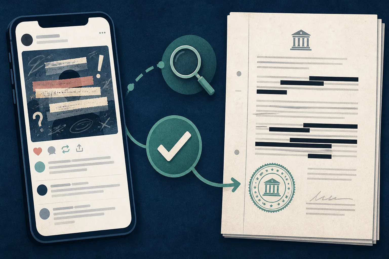 Verification path from a blurred viral post to an official redacted legal document