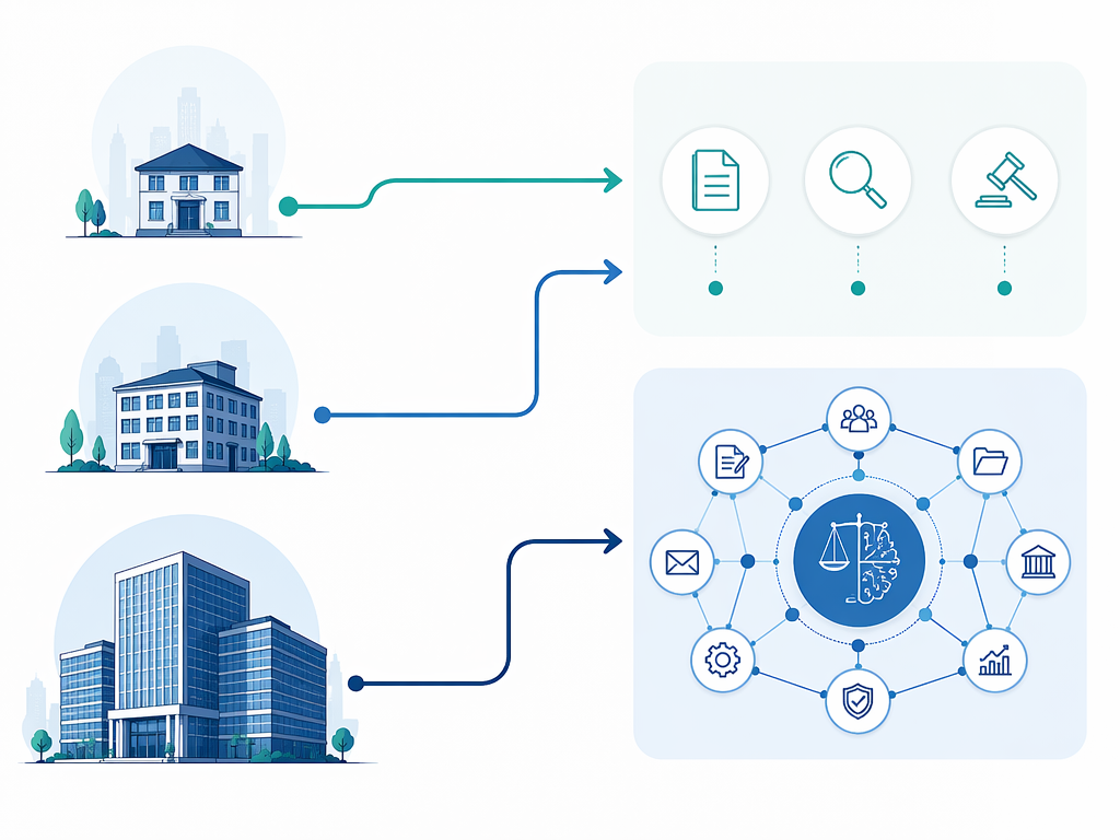 Three law firm sizes matched to point-solution tools and an all-in-one lifecycle platform