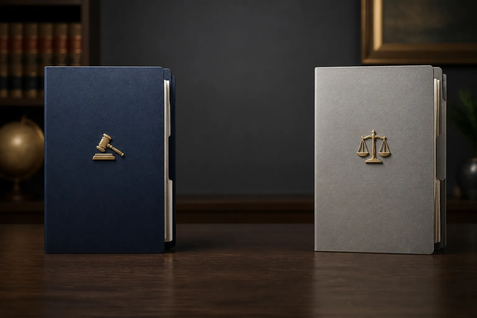 Two separate case-file folders on a dark wood desk, one for a criminal record and one for a civil record