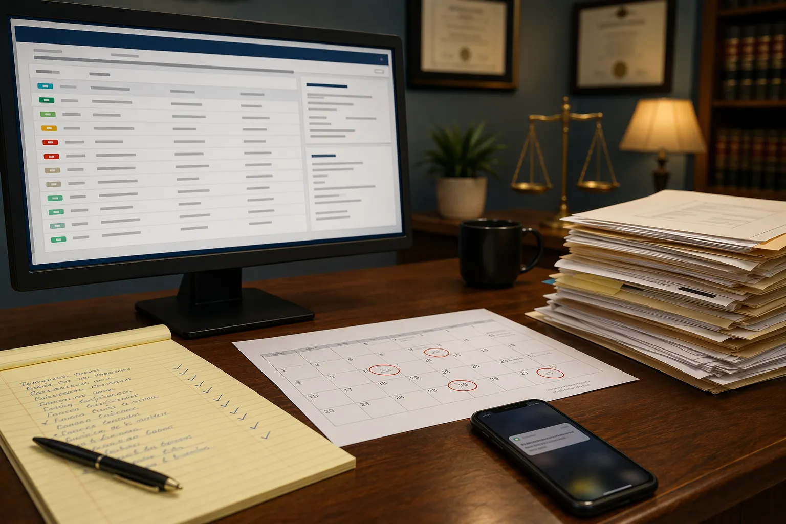 Disability attorney desk with digital case status tracker, paper files, calendar deadlines, verification notes, and phone