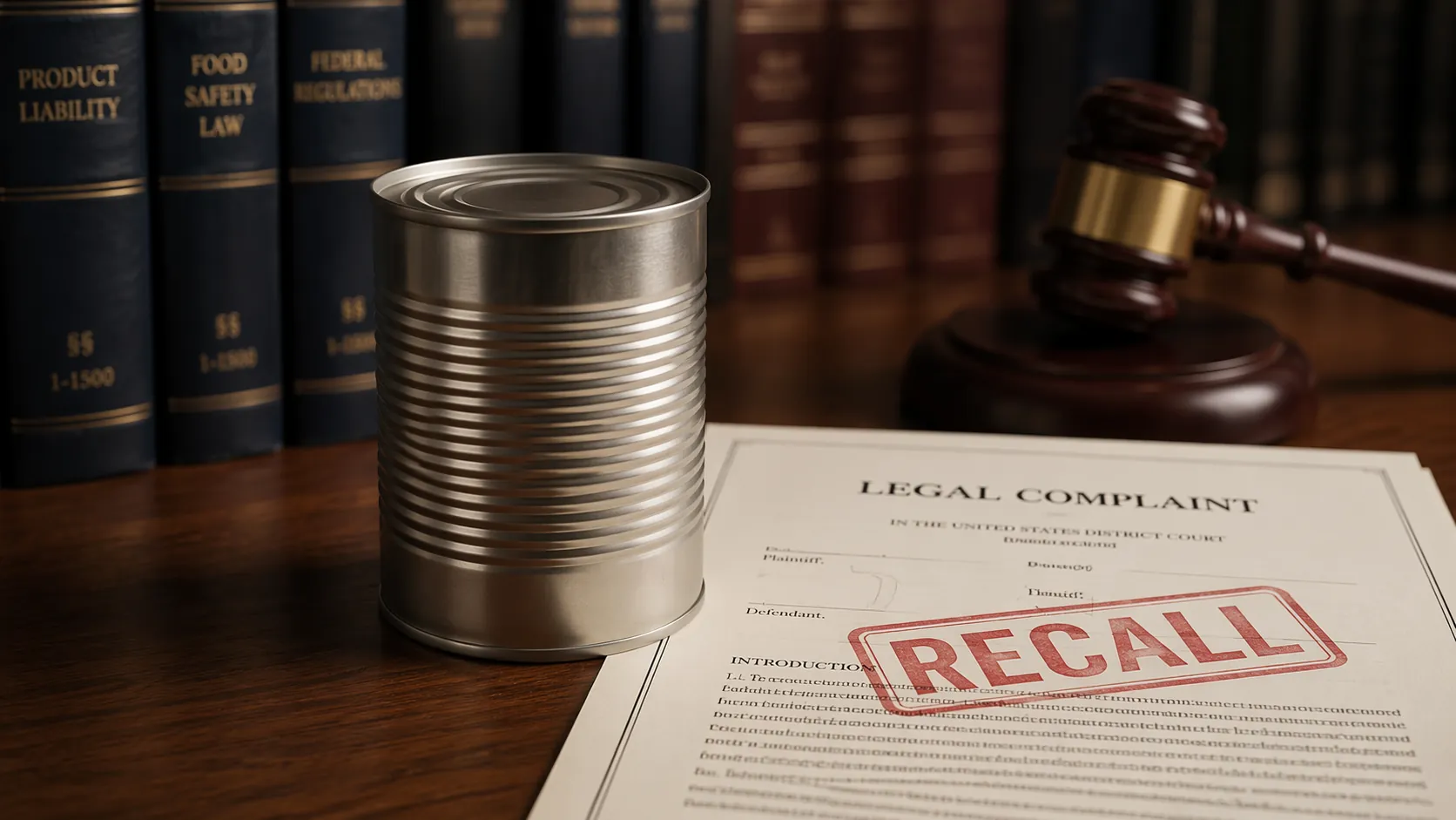 A soup can beside a recall document, gavel, and law books