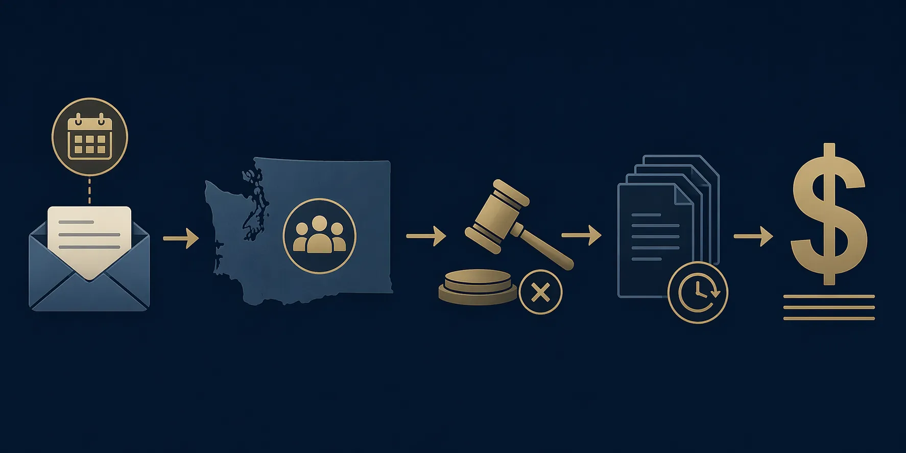 Diagram showing a Last Day email flowing to Washington, a gavel, stacked documents, and aggregate dollar exposure