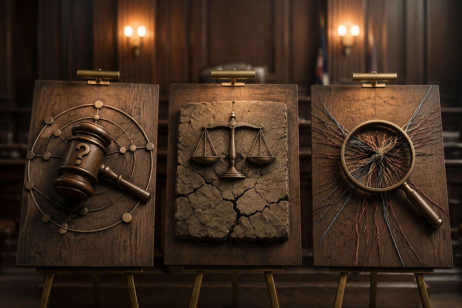Three evidentiary boards showing symbols for intent, damage value, and causation in a courthouse setting