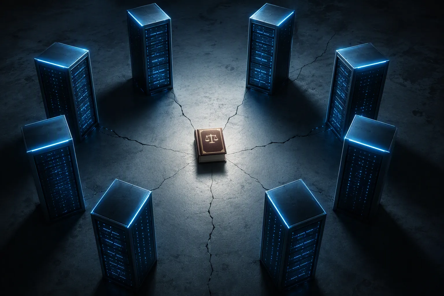 Server pillars surrounding a small law library table with legal documents
