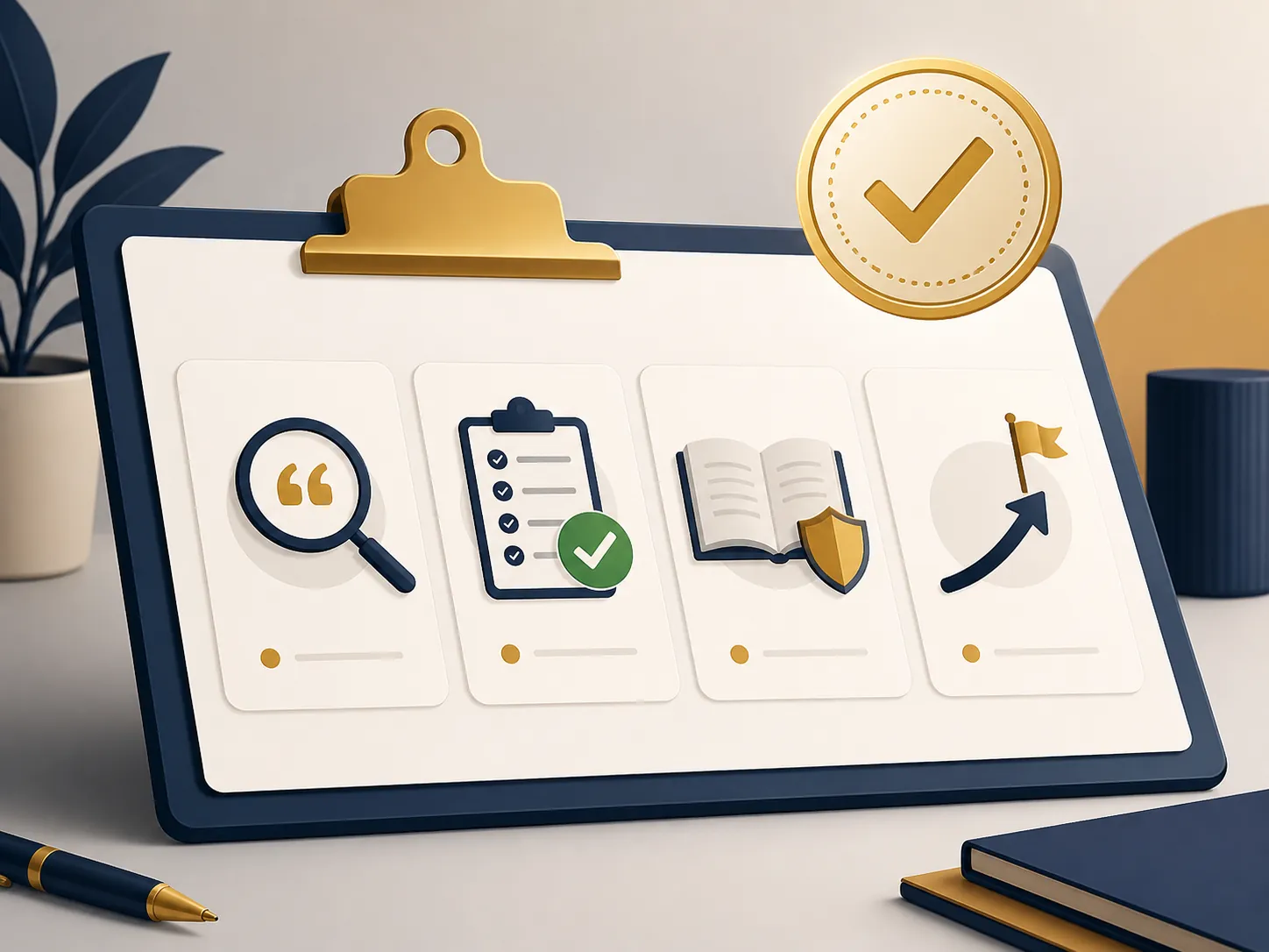 A recruitment clipboard shows verified AI-literacy criteria including quotation checking, checklists, policy knowledge, and escalation judgment