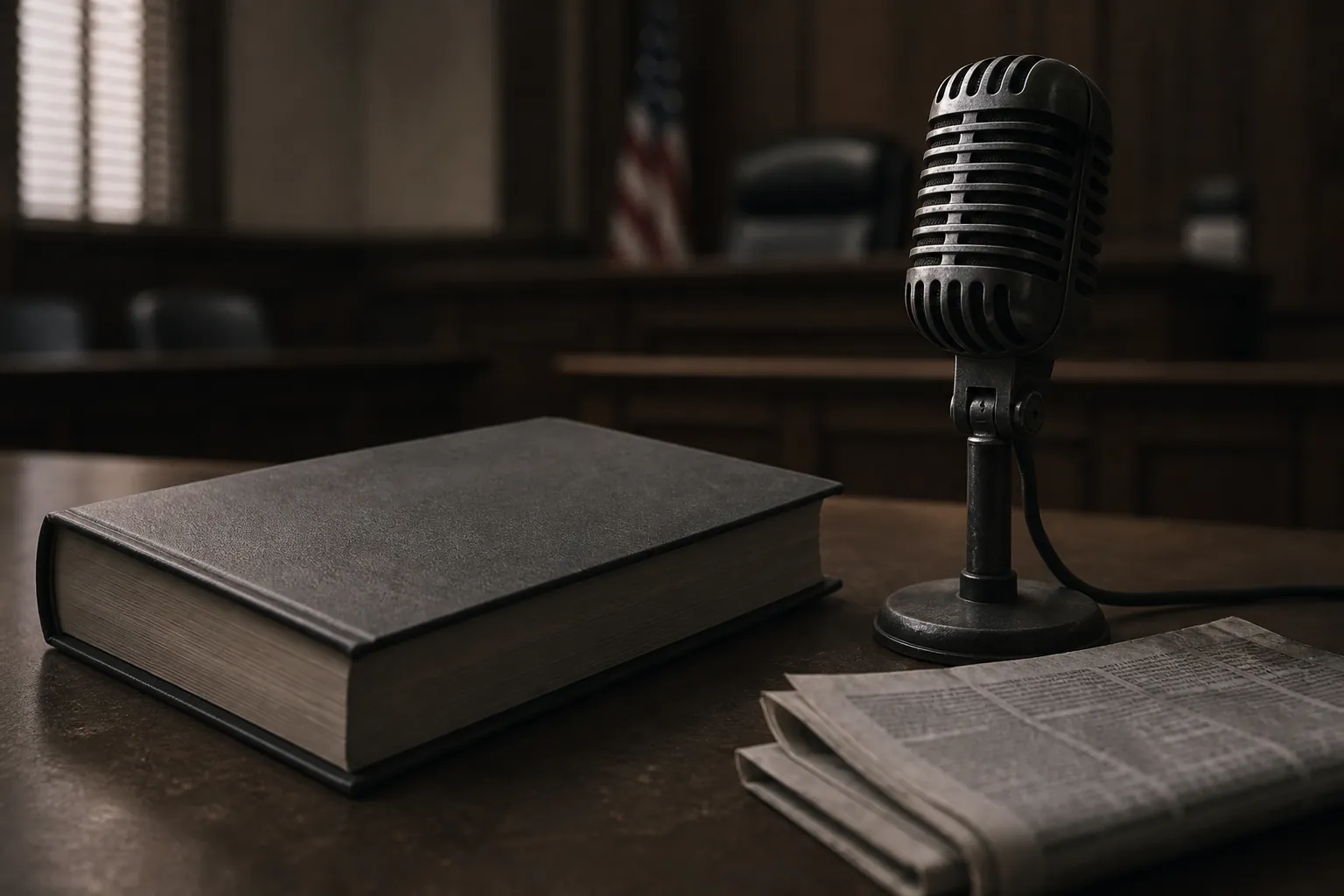 Closed hardcover book beside a vintage microphone and folded newspaper