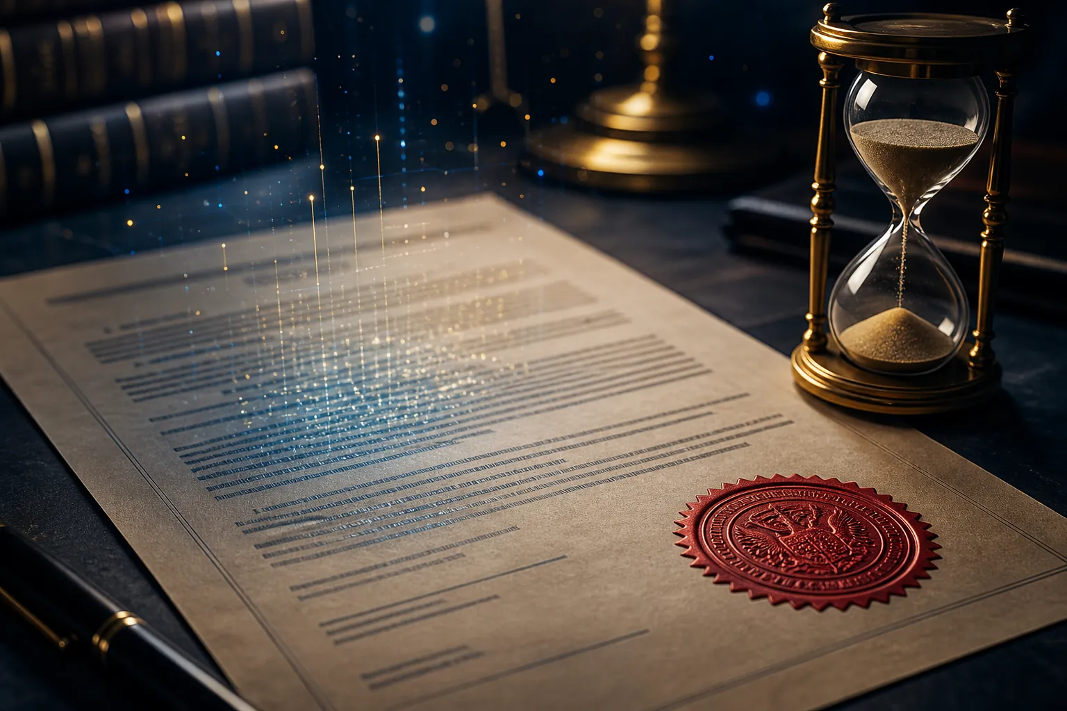 Government claims notice document with a verification seal, hourglass, and digital particles suggesting AI-assisted legal content under review