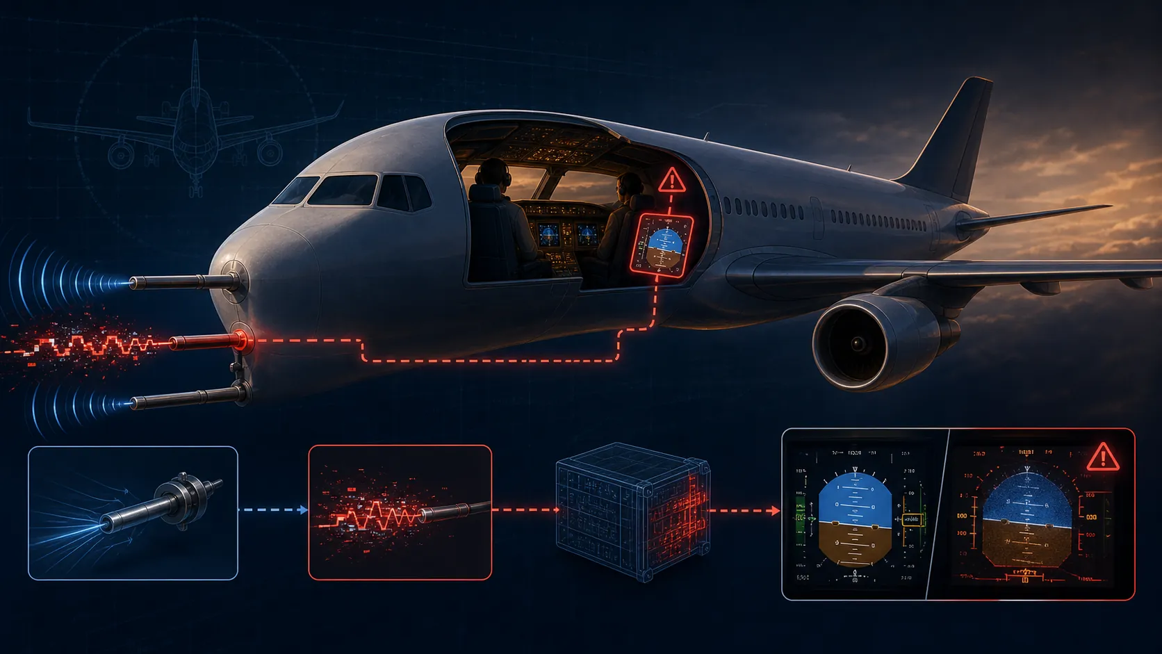 Air-data probe sending corrupted signals to a cockpit display in degraded control law