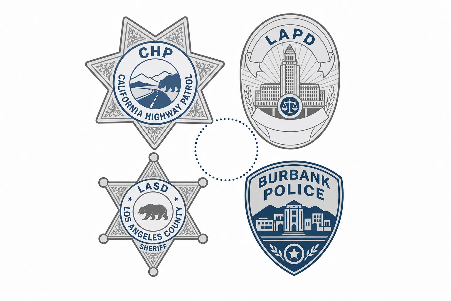 Agency badge symbols arranged around a central gap representing jurisdictional disconnects among law-enforcement agencies