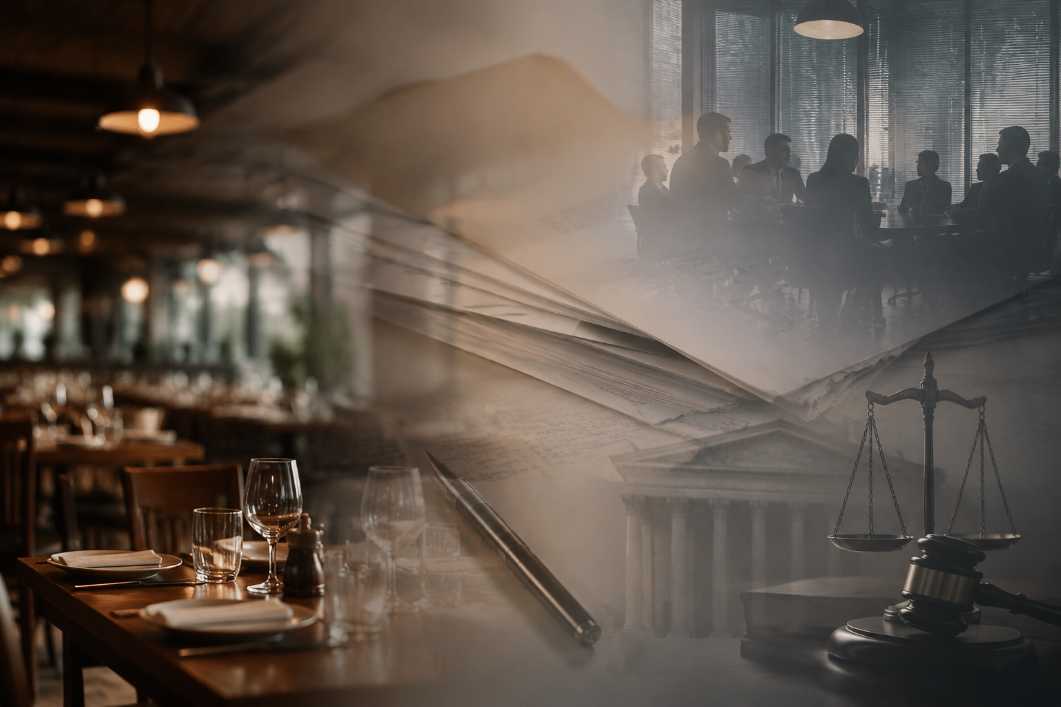 Dimly lit restaurant interior overlaid with translucent legal documents and restructuring proposal papers