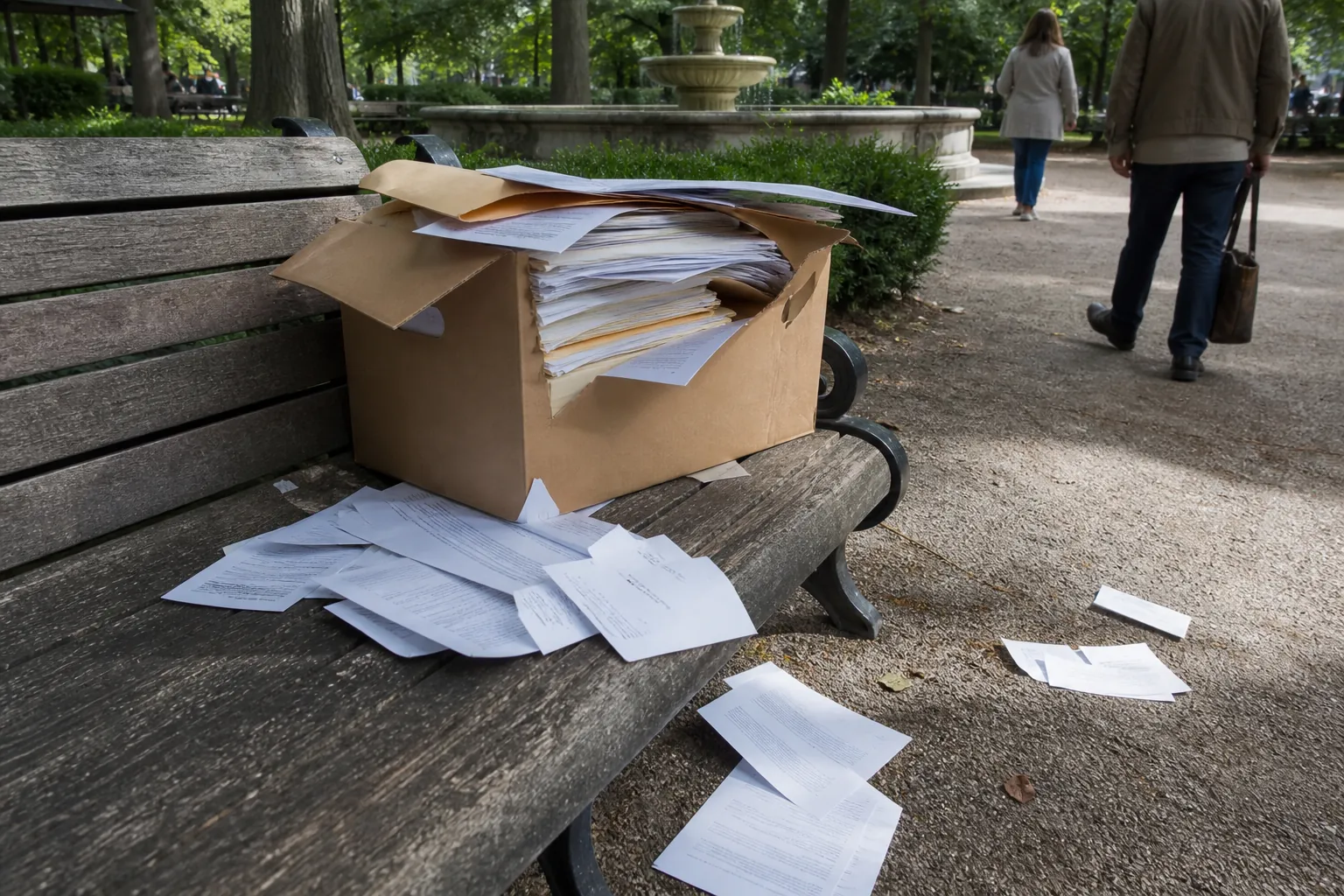 Archive box of legal papers left on a park bench