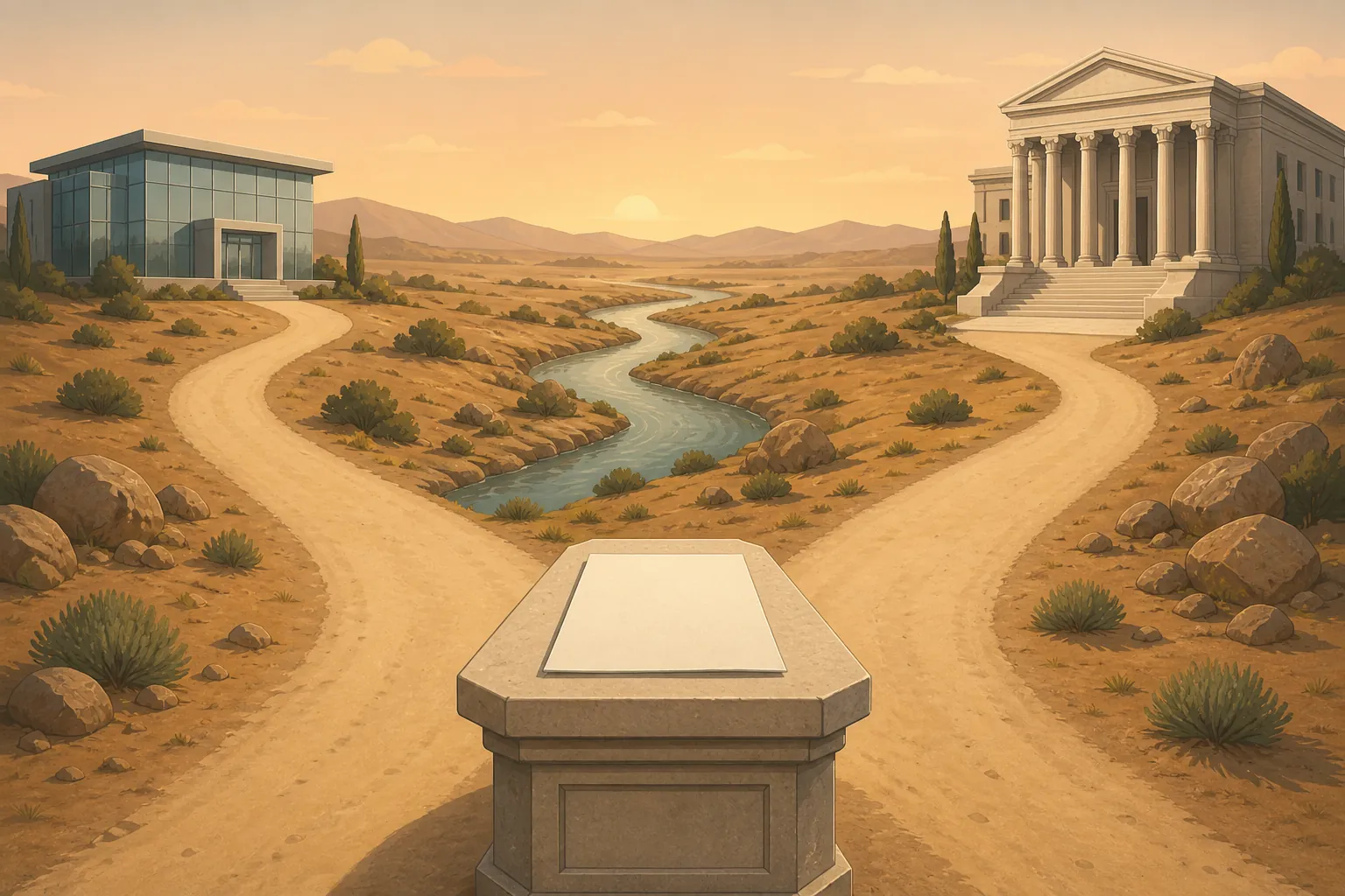 An administrative document at a desert fork, with one road leading to a modern courthouse and another to a classical marble courthouse