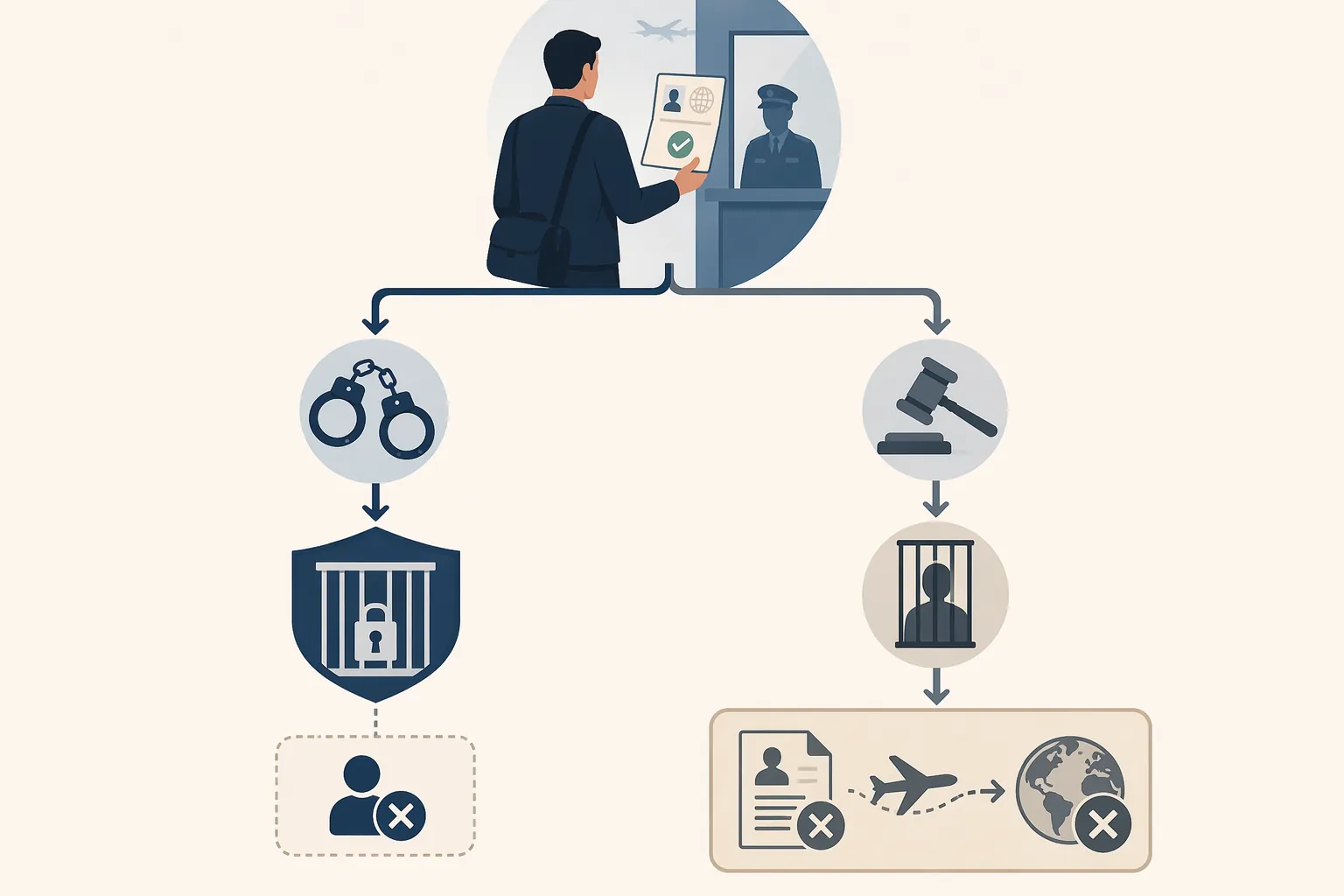 Comparison of an arrest-or-charge path to mandatory detention and a conviction path to traditional immigration consequences