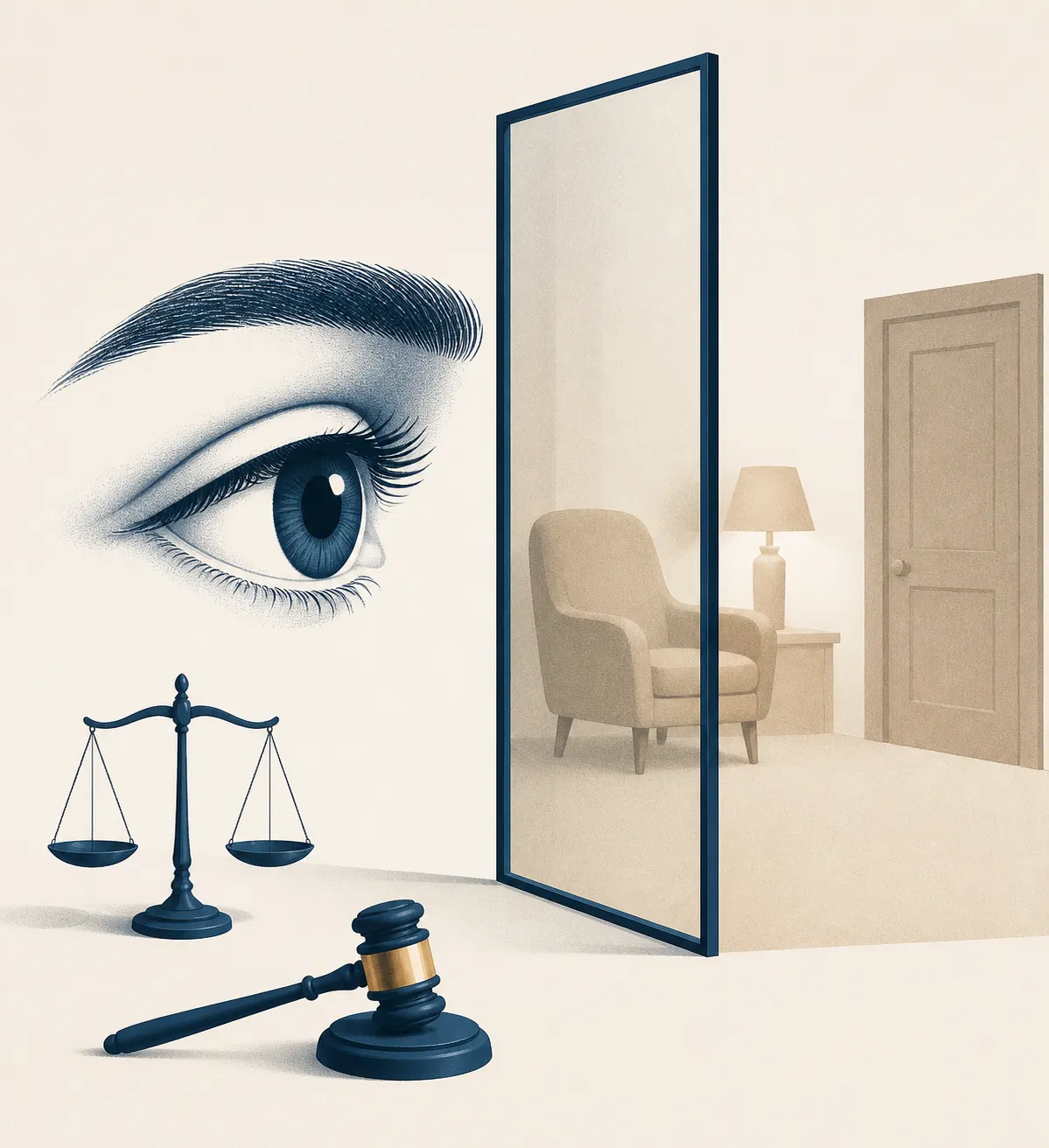 Stylized eye viewing a domestic scene through a barrier while evidence symbols remain separate