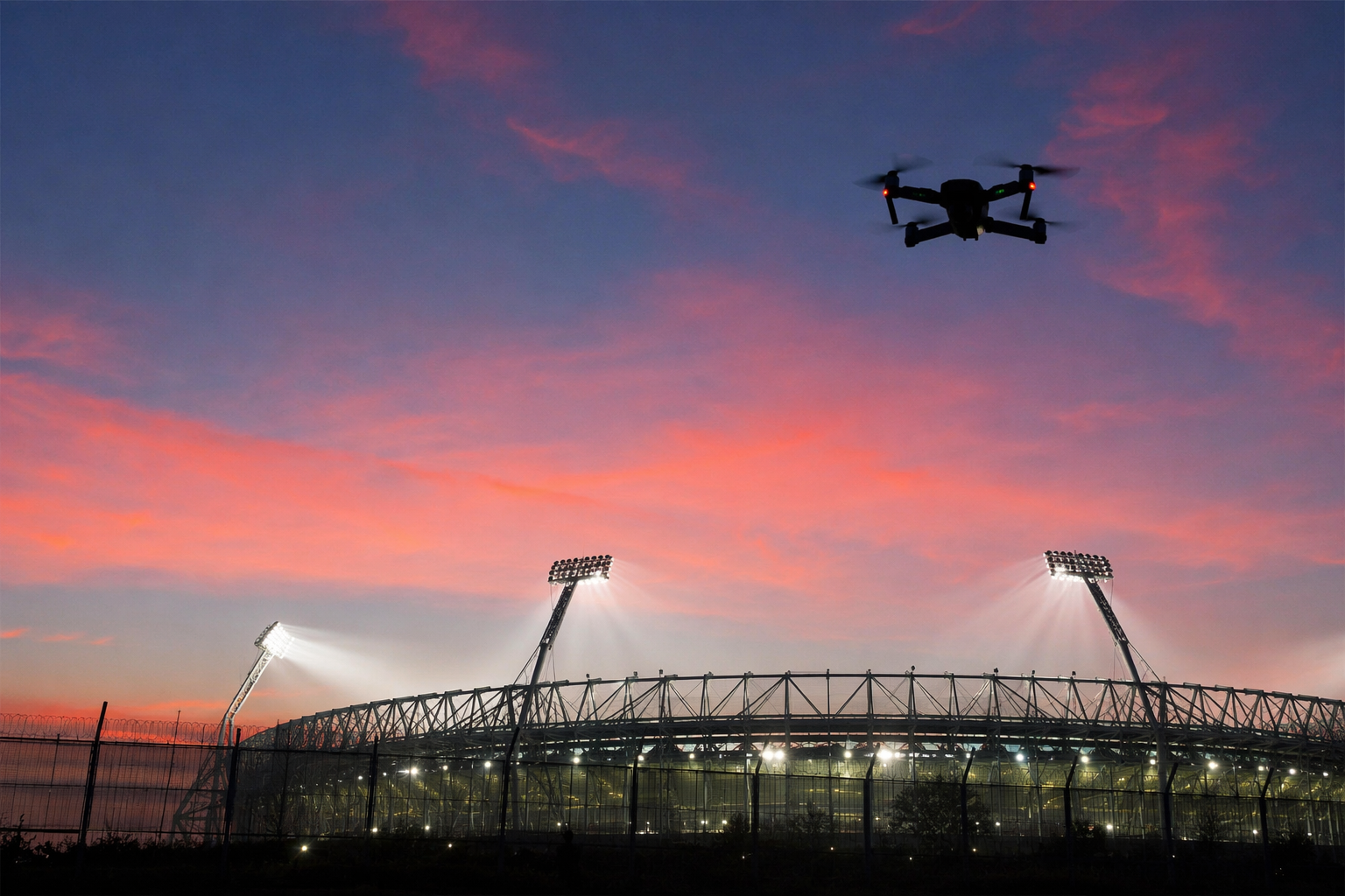 Small consumer drone hovering above an illuminated soccer stadium at dusk