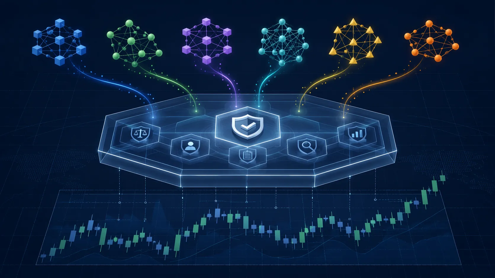 AI model nodes flowing through a governance shield above stock trading candlestick patterns