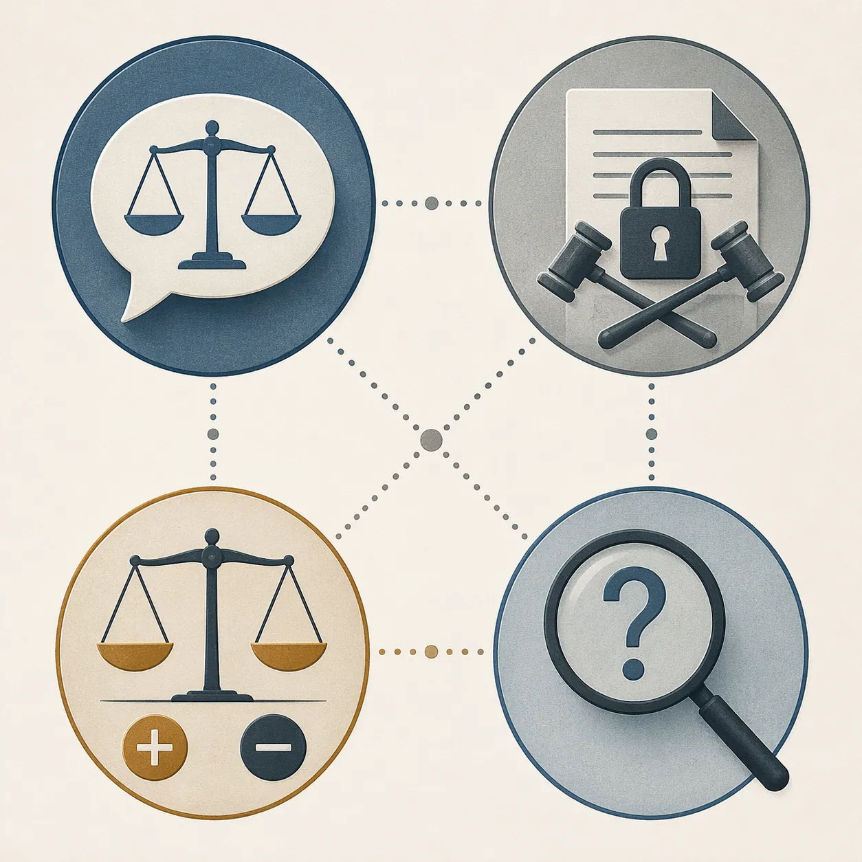 Four connected legal icons representing speech, punishment, equality, and vagueness questions