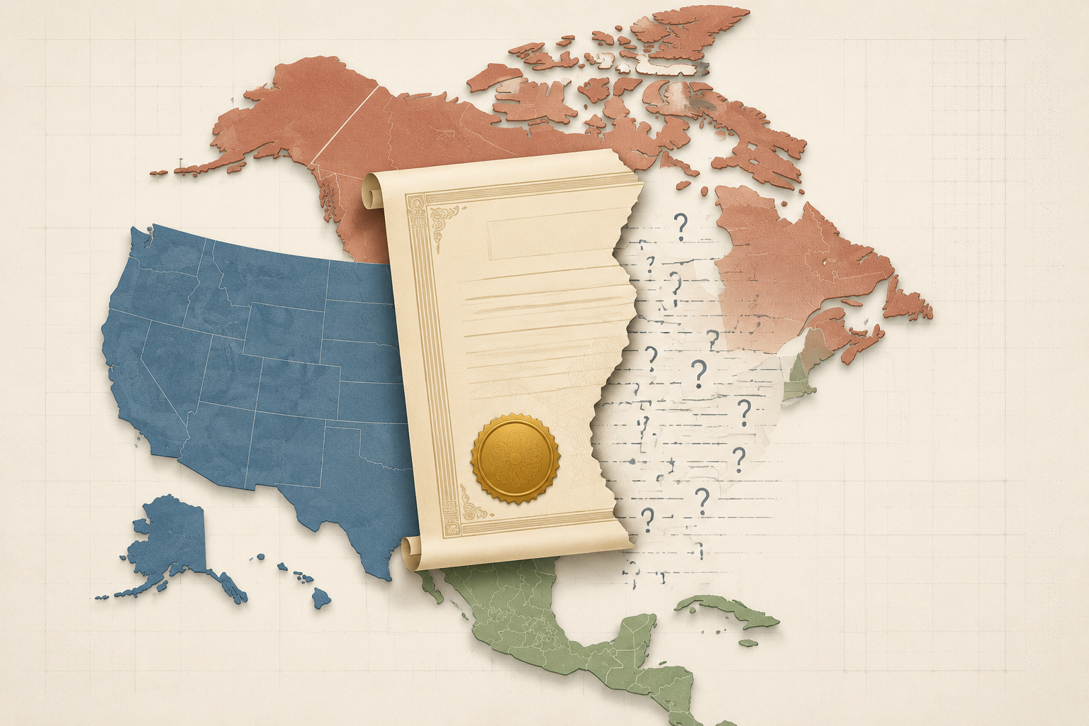 Three North American map outlines with a legal document overlaid and fragmented lines underneath