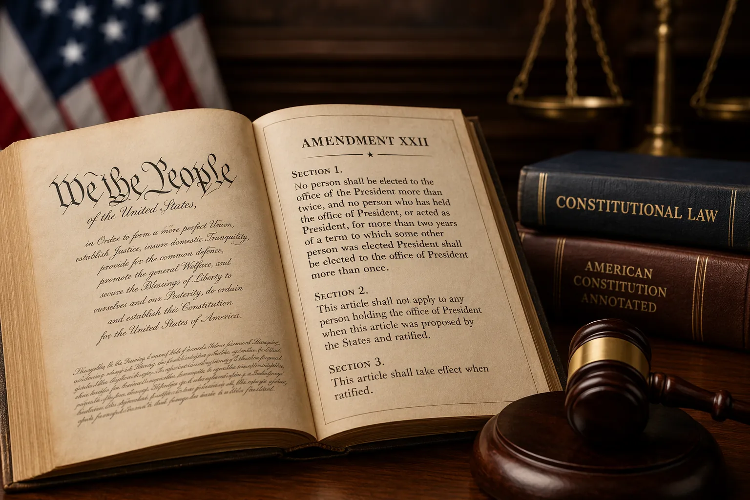 Open United States Constitution on a wooden desk with a gavel, law books, and an American flag in the background