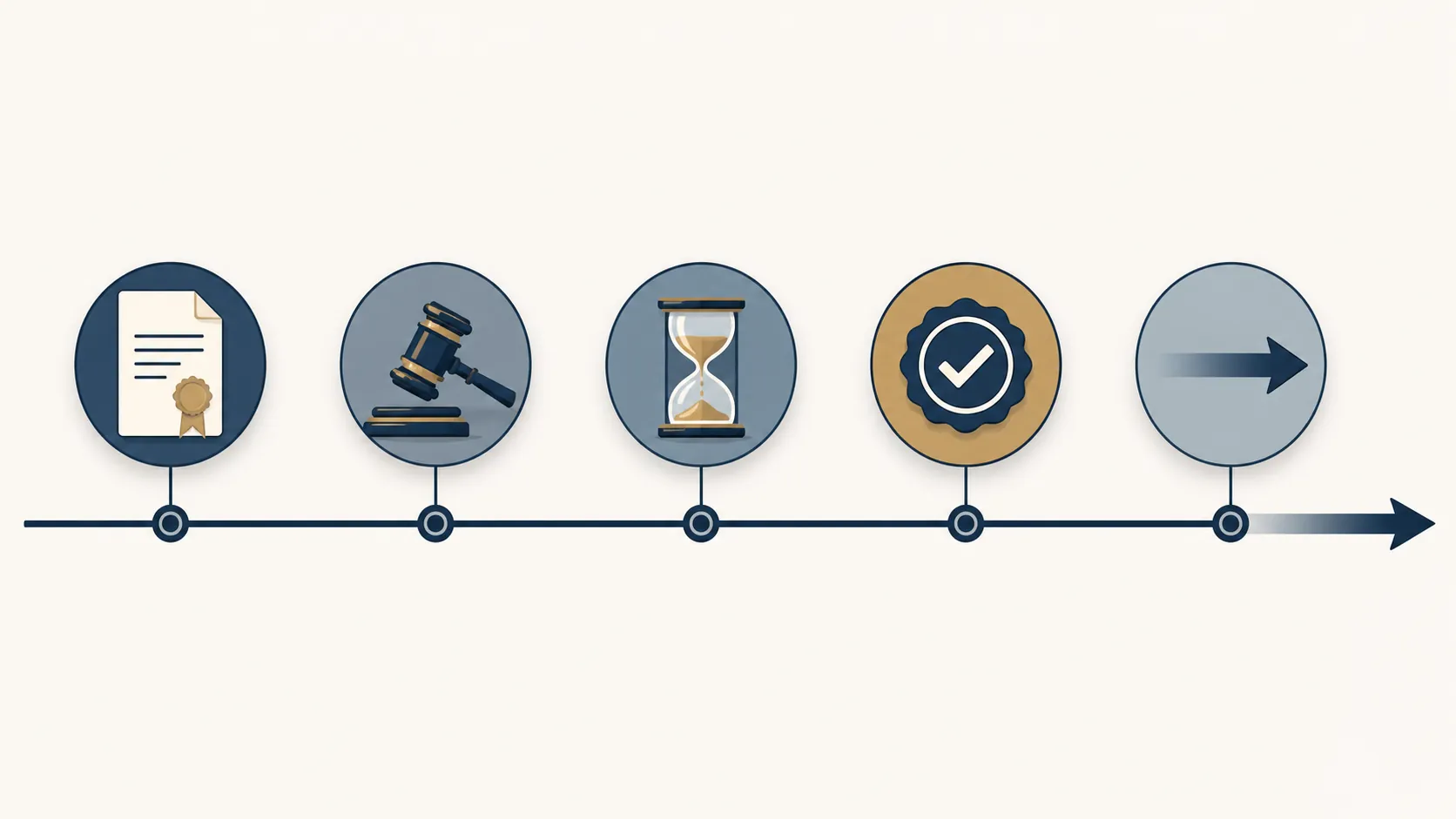 Horizontal legal timeline with settlement, gavel, hourglass, checkmark, and open arrow milestones