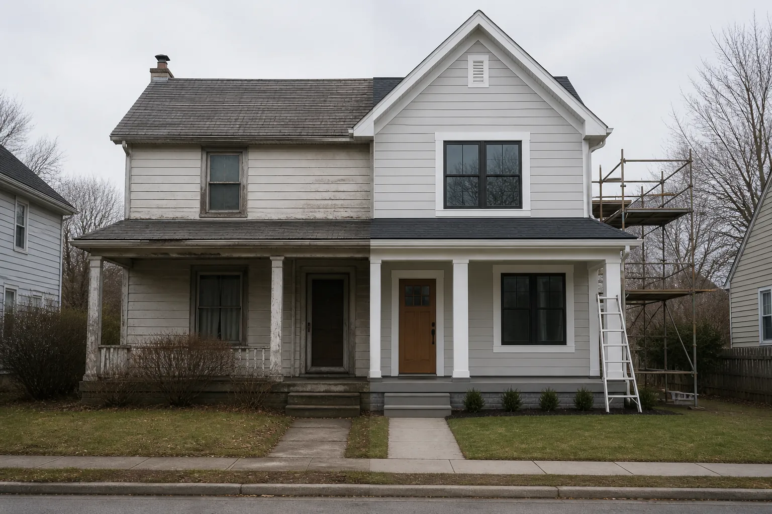 Generic suburban house shown with older and visibly altered exterior conditions