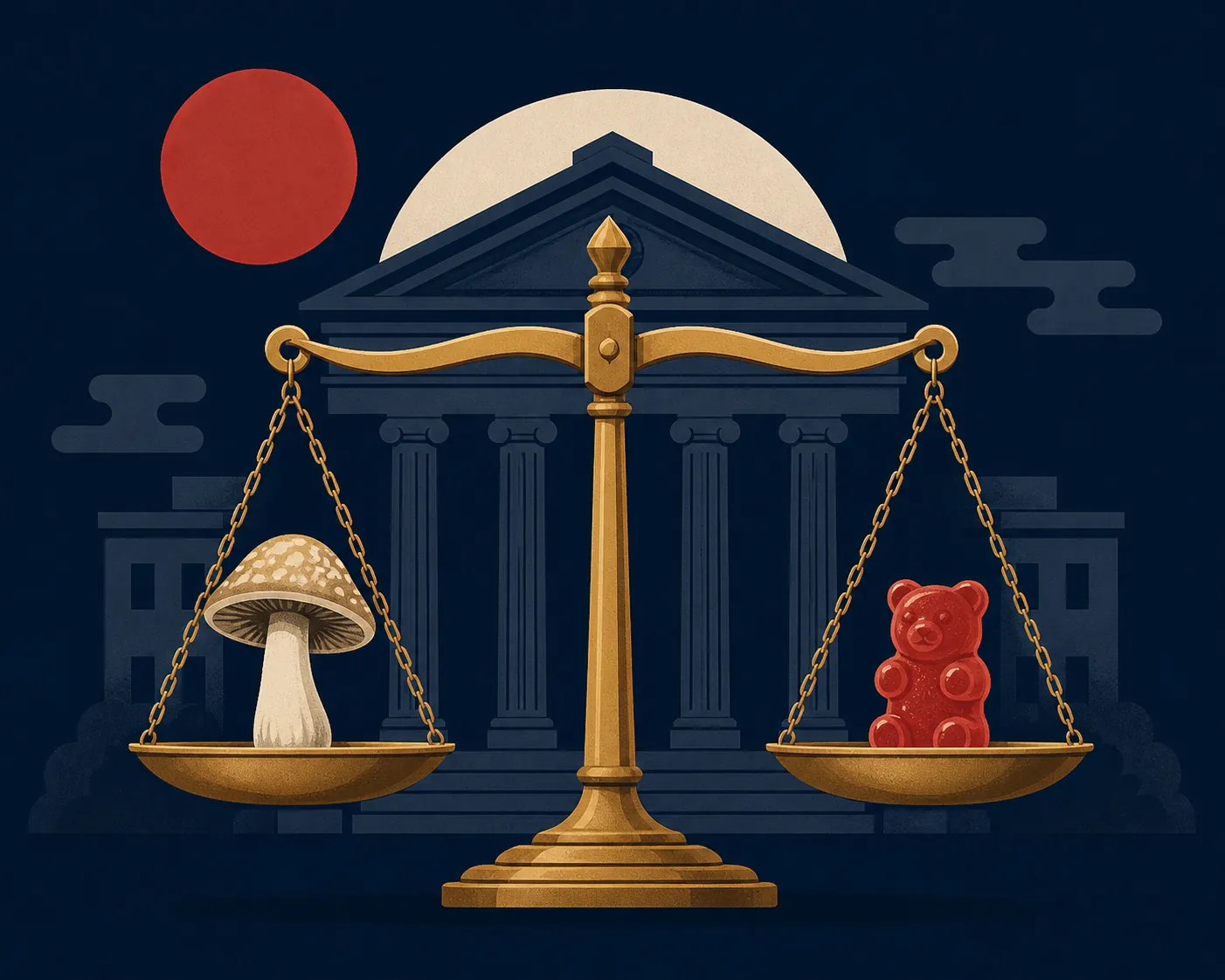Brass balance scale weighing a mushroom against a gummy candy in front of a Japanese courthouse silhouette