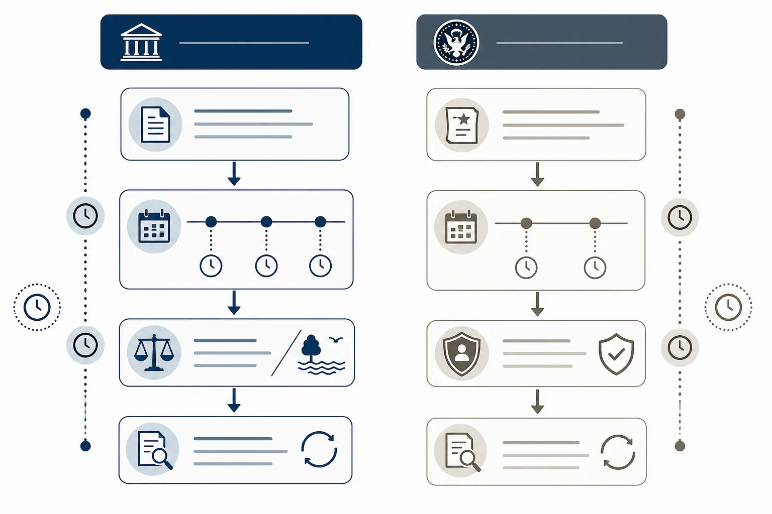 Diagram of two parallel regulatory pathways with environmental-waiver and presidential-directive markers