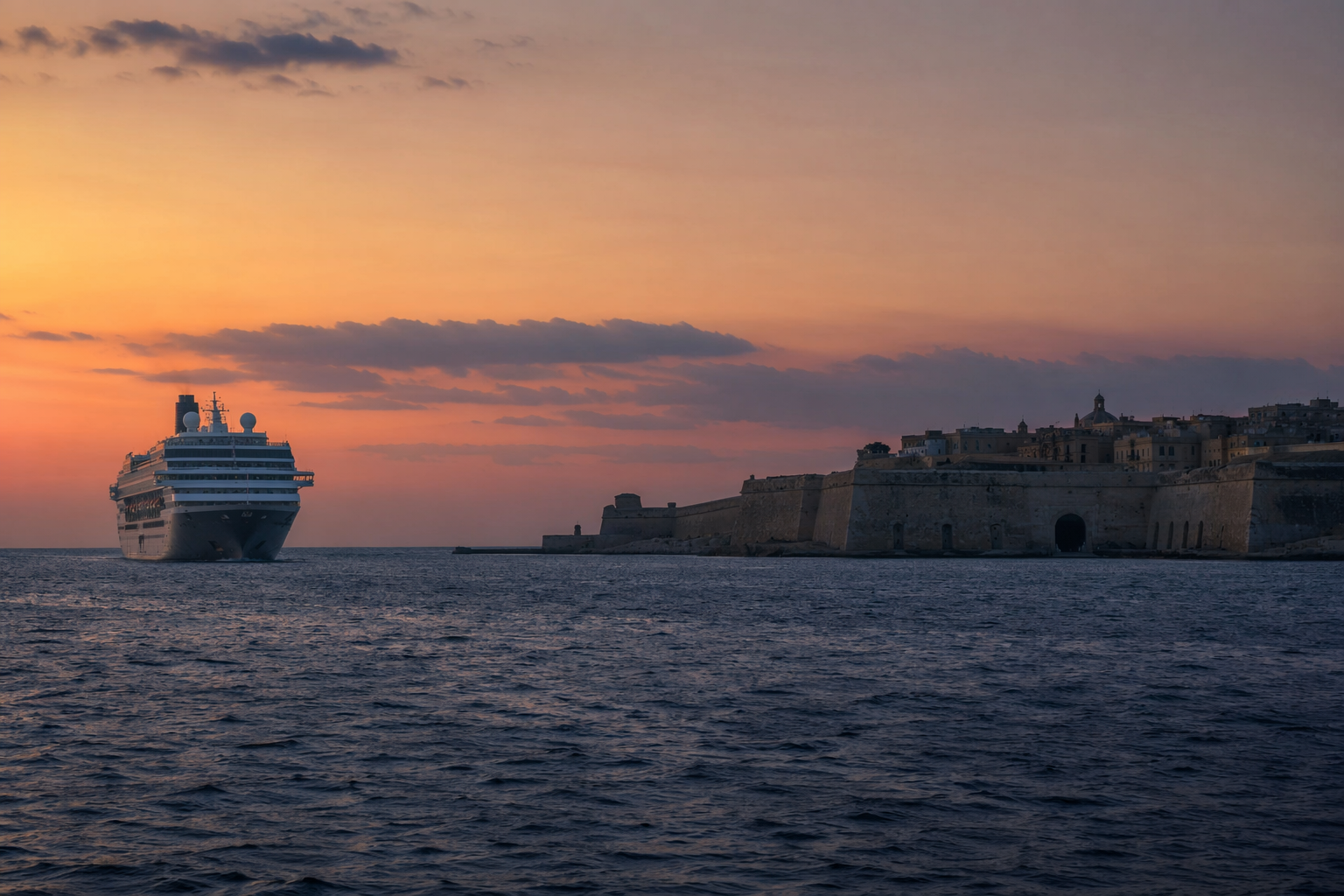A modern cruise ship approaching a fortified Mediterranean port with closed harbor gates at sunset