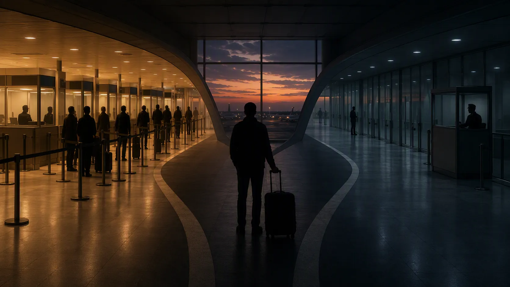 Airport corridor illustration showing one traveler facing two paths, one toward immigration inspection booths and one toward a guarded corridor