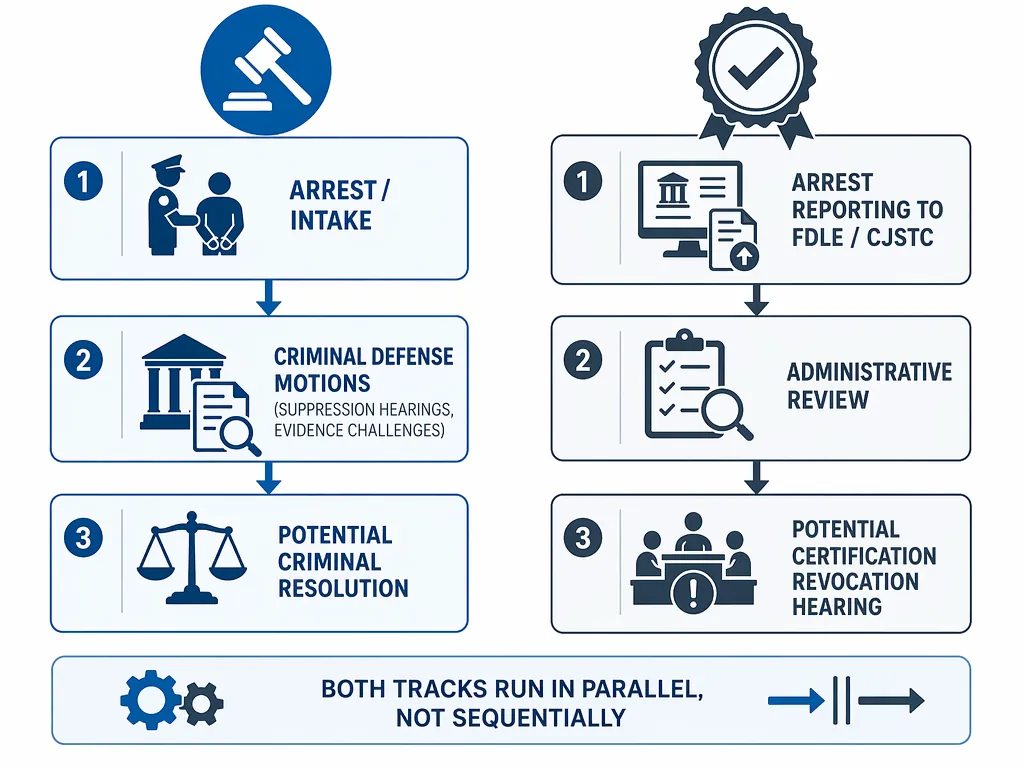 Two-column workflow diagram showing criminal defense stages and FDLE/CJSTC certification stages running concurrently