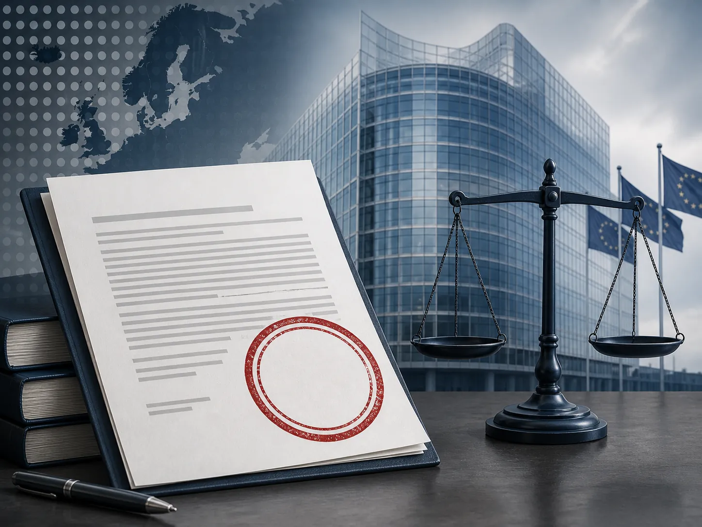 Penalty notice, red stamp, and balance scale in front of a glass office tower