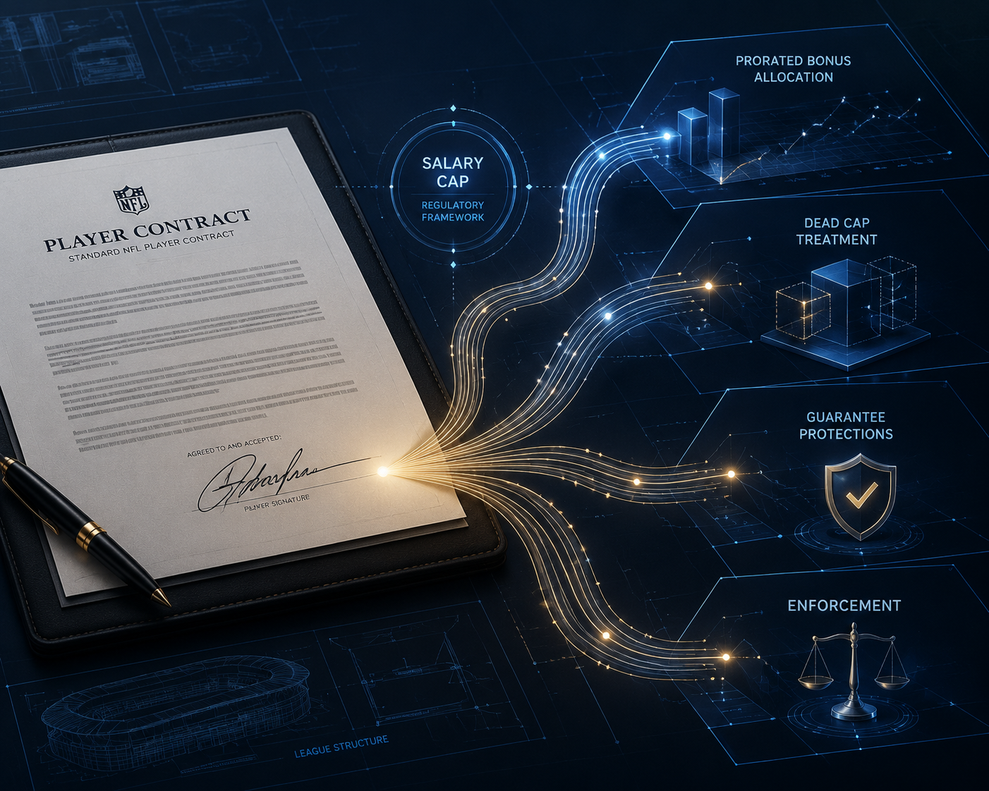 Blueprint-style visual of a signed NFL contract with financial allocation streams flowing into proration, dead cap, guarantees, and enforcement zones