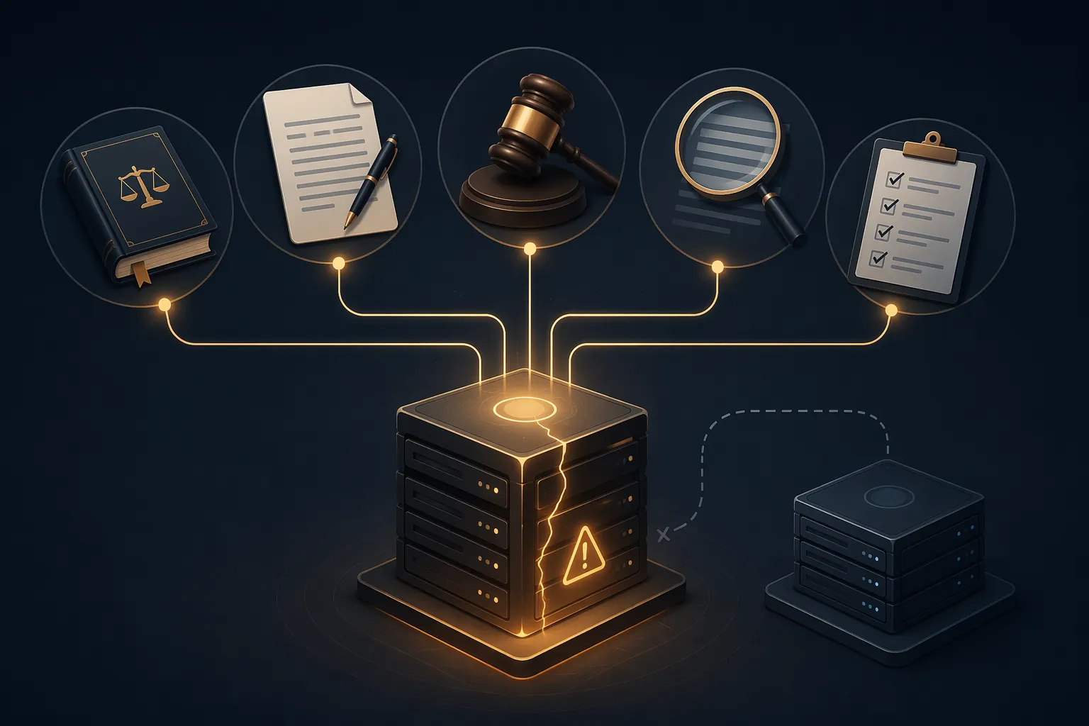 Legal workflows feeding into a cracked central server hub while an unused secondary hub sits nearby